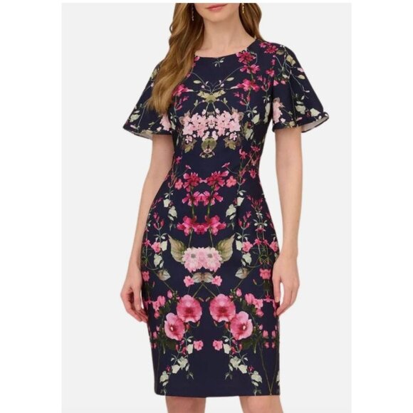 ADRIANNA PAPELL Women Navy Blue Floral Midi Dress 12 - Picture 7 of 7
